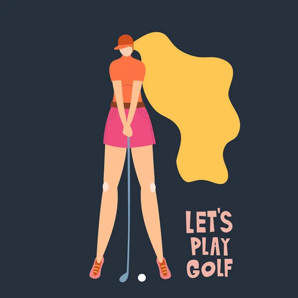 Mujer profesional golfista golpea la pelota con un palo. Vector plano dibujado a mano ilustración. Atleta jugando al golf. Chica en el deporte. Diseño de camiseta. Deportivas entrenando al aire libre. Personaje de dibujos animados. — Archivo Imágenes Vectoriales