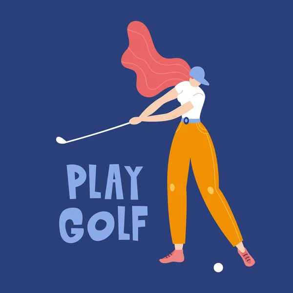 Professionele vrouw golfer slaat de bal met een club. Vector vlakke hand getekend illustratie. Vrouwelijke atleet die golf speelt. Meisje in de sport. T-shirt ontwerp. Sportvrouwen trainen buiten. Tekenfilmfiguur. — Stockvector