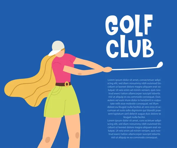 Professionell kvinna golfare träffar bollen med en klubb. Vektor platt handritad illustration. Kvinnlig idrottsman spelar golf. Flicka på sporten. T-shirt design. Sportkvinnor tränar utomhus. Tecknad karaktär. — Stock vektor