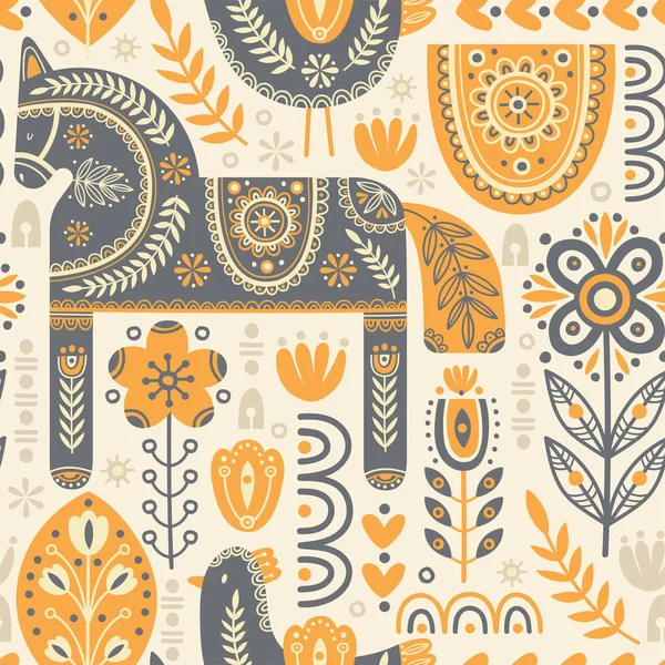 Naadloos patroon in Scandinavische stijl met paard en vogel, boom, bloemen, bladeren, takken. Volkskunst. Vector nordic achtergrond met bloemen ornamenten en dierlijke illustraties. Huisdecoratie. — Stockvector