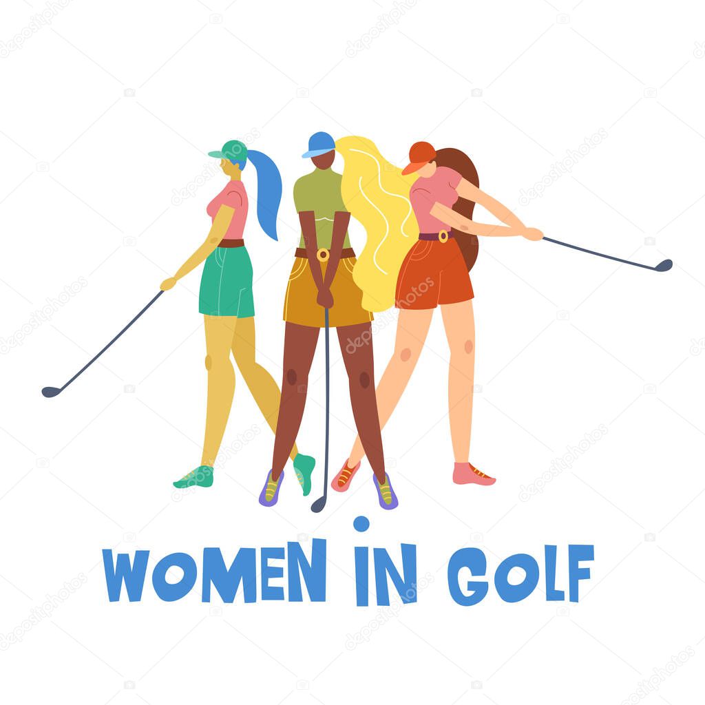 Set with young girl hitting ball with golf club. Vector flat hand drawn illustration. Female golfer plays golf. Woman in sport. T-shirt print design. Lets play. Cartoon characters.