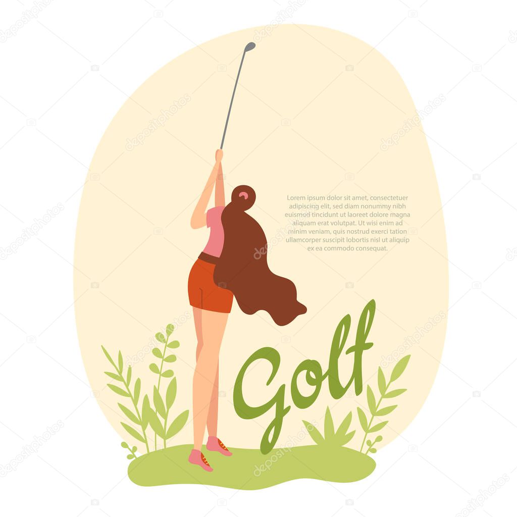Woman golfer hits the ball with a club on golf course. Vector flat hand drawn illustration. Female athlete playing golf. Girl in sport. T-shirt print design with text space..