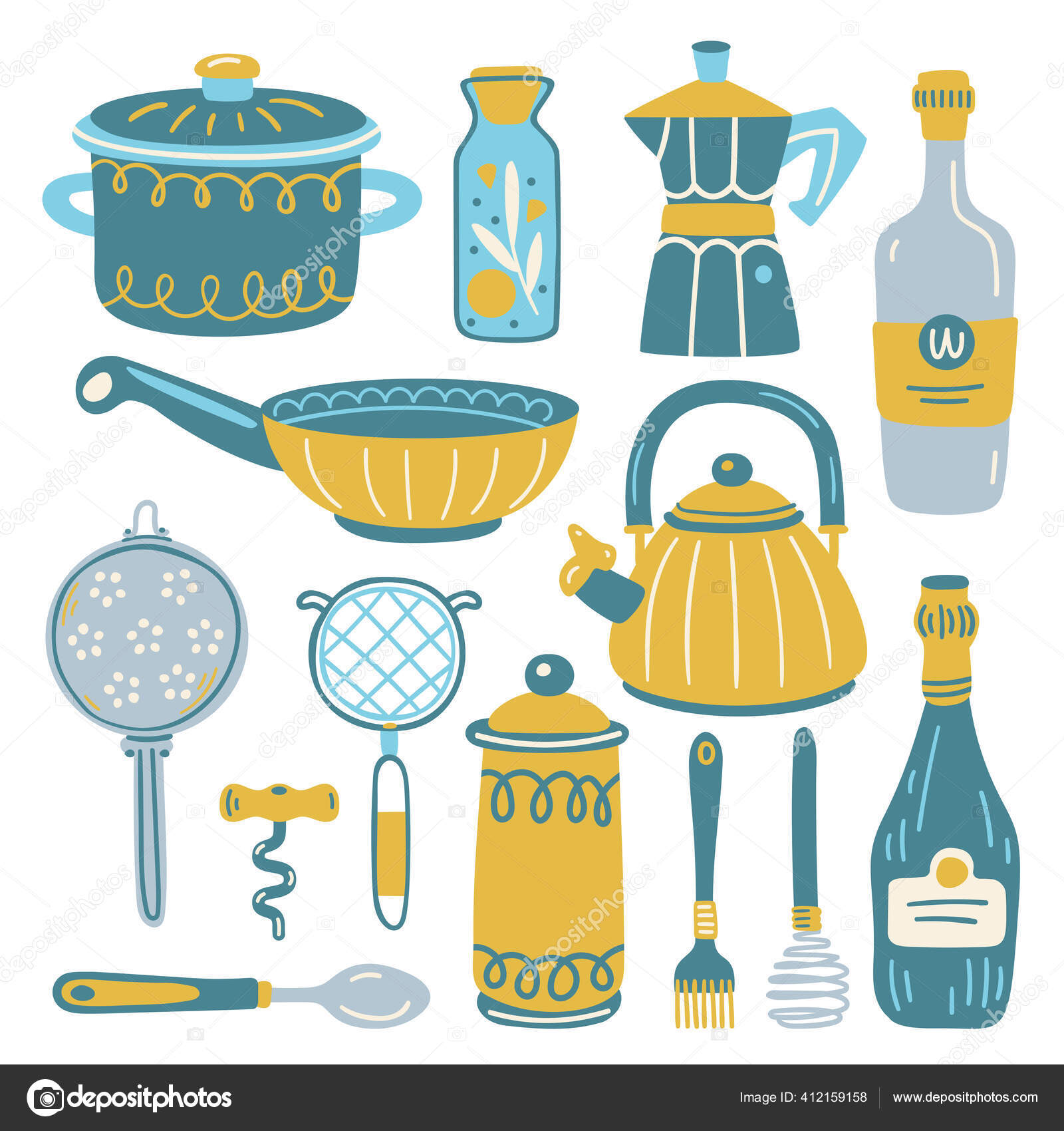 Cartoon kitchen utensils, cooking tools and appliances