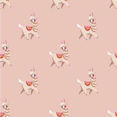 Alpaka ve kaktüs bitkileriyle illüstrasyon. Lama ile vektörsüz desen.