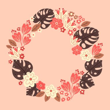 Çiçekli el kartı çizimi. Vektör tropikal yapraklar ve çiçeklerle dekoratif yuvarlak kenar. Çember çerçevesinde telif uzayı illüstrasyonu.