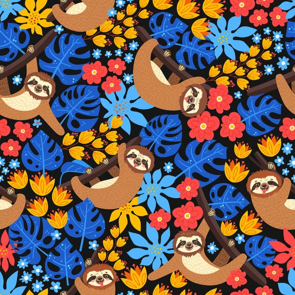 Безшовний фон з Sloth на гілці. Векторна ілюстрація листя, квітів і милого ведмедя на чорному. Квітковий і тваринний візерунок . — стоковий вектор