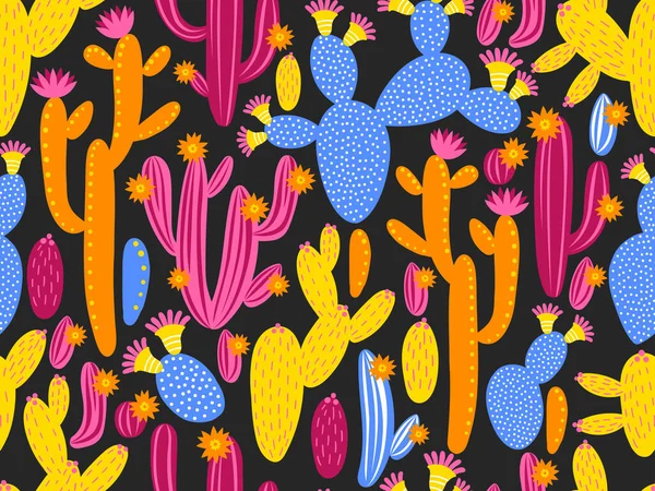 Vektornahtloses Muster mit Kaktus auf schwarzem Hintergrund. Sommerpflanzen, Blumen und Blätter. Natürliches florales helles Design. Botanische Illustration. — Stockvektor
