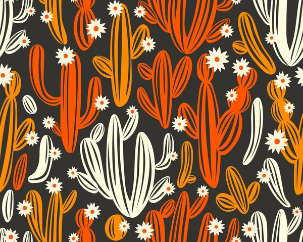 Motif vectoriel sans couture avec cactus sur fond noir. Plantes d'été, fleurs et feuilles. Design floral naturel lumineux. Illustration botanique. — Image vectorielle