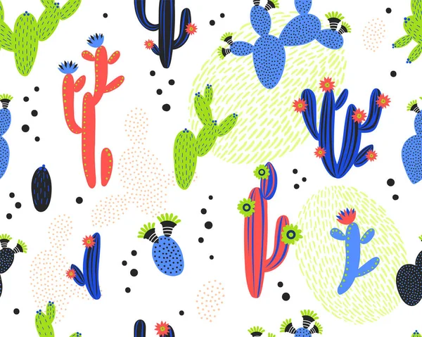 Vektornahtloses Muster mit Kaktus auf weißem Hintergrund. Sommerpflanzen, Blumen und Blätter. Natürliches florales helles Design. Botanische Illustration. — Stockvektor