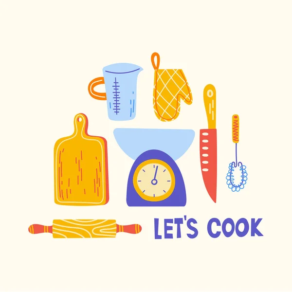 Diatur dengan peralatan dapur dan peralatan. Ilustrasi Skandinavia tentang elemen dapur dalam gaya datar. tekstur kartun lucu dengan tangan digambar makanan dan peralatan dapur. clipart doodle vektor. - Stok Vektor