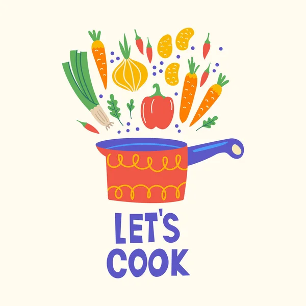 Concepto de cartel de curso culinario. Ilustración de estilo escandinavo con pan y productos. Espacio de texto. Concepto de espacio de copia para el mercado agrícola, diseño de menú de restaurante, banner, página de libro de cocina. Vamos a cocinar. — Vector de stock