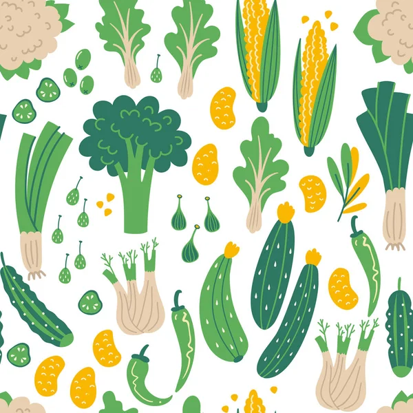 Padrão sem costura de vegetais verdes. mão plana desenhada Ilustração com alimentos saudáveis. Produtos orgânicos em estilo esboço. Isolados itens escandinavos. Mercado agrícola, menu de restaurante, página de livro de receitas. — Vetor de Stock