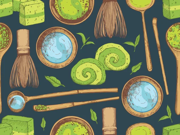 Matcha nahtloses Muster. Ethnische und nationale japanische Teezeremonie. Traditionen der Teatime. Dekorative Elemente für Ihr Design. Vector Illustration Essen und Trinken Skizze auf schwarzem Hintergrund. — Stockvektor