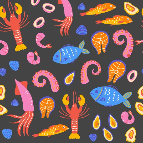 Seamless pattern with seafood. Scandinavian illustration witn healthy food in flat style. Cooking courses poster and text space. Copyspace concept for farm market, menu design, banner, cookbook page. — Stock Illustration Seamless pattern with seafood. Scandinavian illustration witn healthy food in flat style. Cooking courses poster and text space. Copyspace concept for farm market, menu design, banner, cookbook page. Royalty Free Stock Illustrations