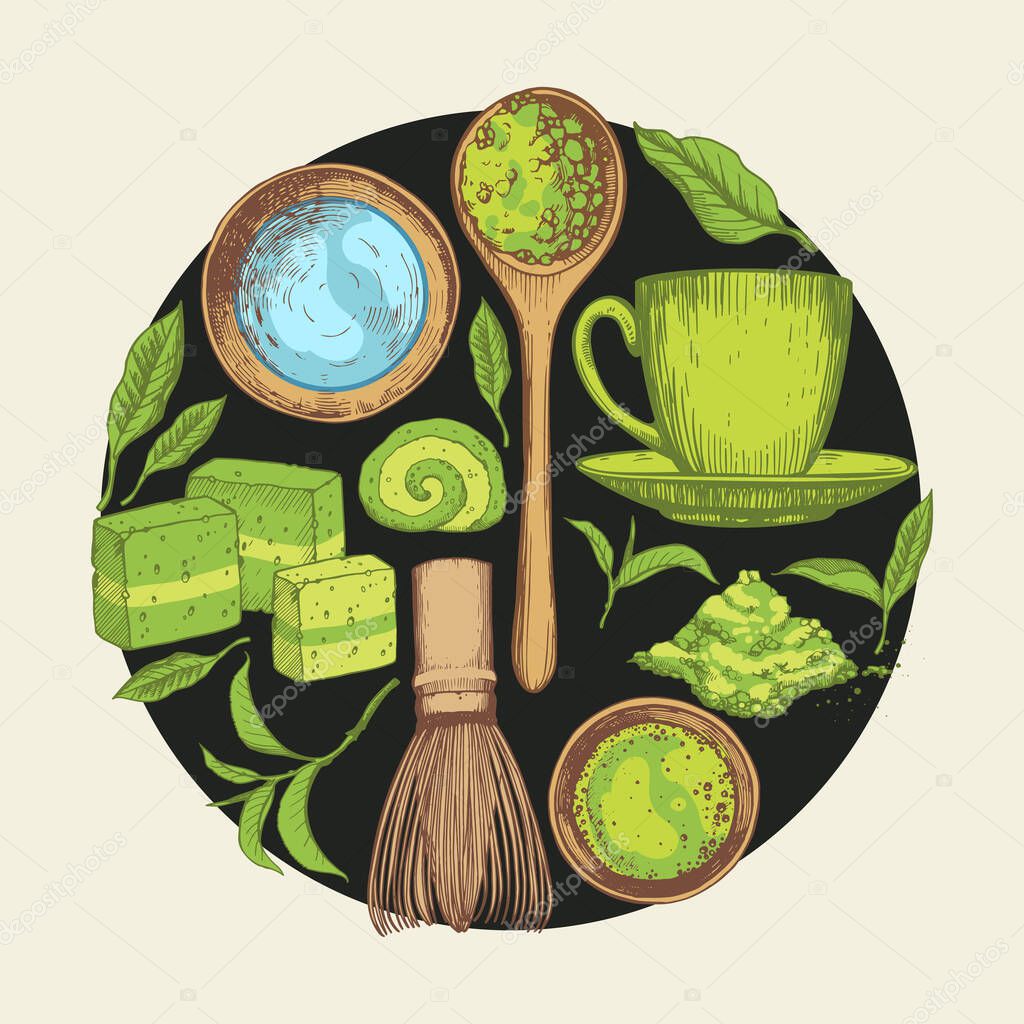Matcha vector illustration with food and drink sketch. Round compositions. Japaneese ethnic and national tea ceremony. Traditions of teatime. Decorative elements for your design.