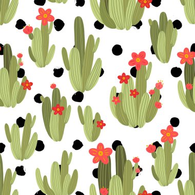 Peru kaktüsüyle botanik illüstrasyon. Siyah ve beyaz geometrik arkaplanda vektörsüz desen. Yaz bitkileri.