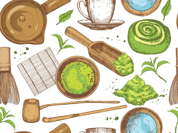 Matcha modello senza soluzione di continuità. Cerimonia del tè etnico e nazionale giapponese. Tradizioni teatrali. Elementi decorativi per il vostro design. Illustrazione vettoriale schizzo di cibo e bevande su sfondo bianco. — Vettoriale Stock