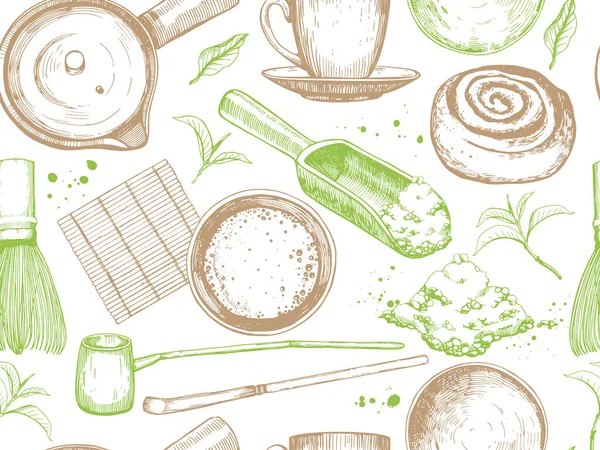 Padrão sem costura Matcha. Cerimônia de chá nacional e étnica japonesa. Tradições de chá. Elementos decorativos para o seu design. Vector ilustração comida e bebida esboço no fundo branco. — Vetor de Stock