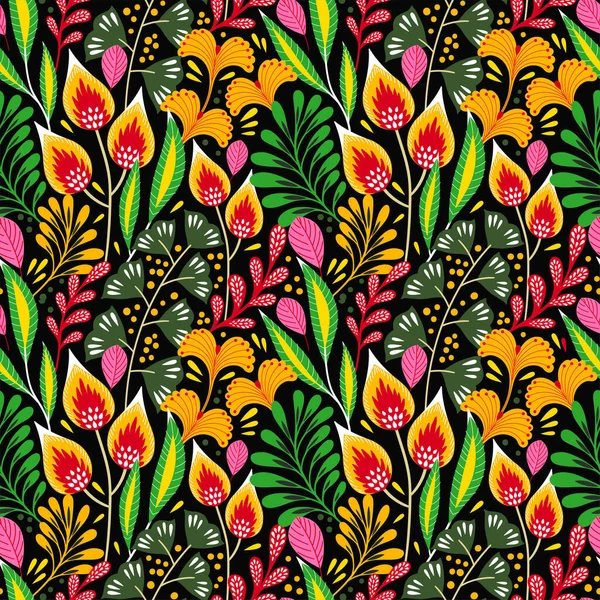 Patrón floral sin costuras en negro. Fondo vectorial abstracto con flores y hojas. Diseño brillante natural. — Archivo Imágenes Vectoriales