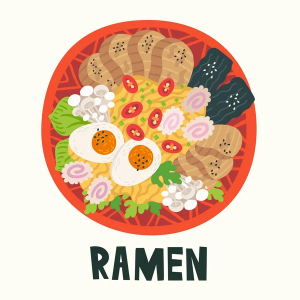 Ramen in bowl on table. Top view. Illustration with japanese soup in flat style. Asian food: miso, egg, nori, leek, noodles, pork, soybean sprouts, kamaboko, Enoki, Bok choy. Vector round composition. — Stock Vector