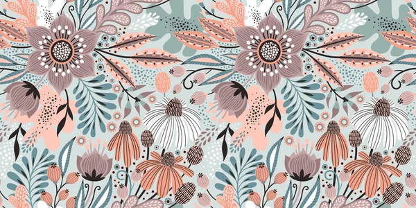 Patrón floral sin costuras en blanco. Fondo vectorial abstracto con flores y hojas. Diseño brillante natural. Estilo escandinavo. — Vector de stock