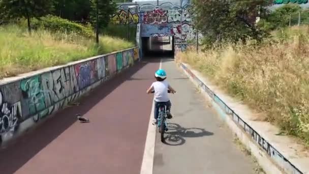 Liten Pojke Som Cyklar Parken — Stockvideo