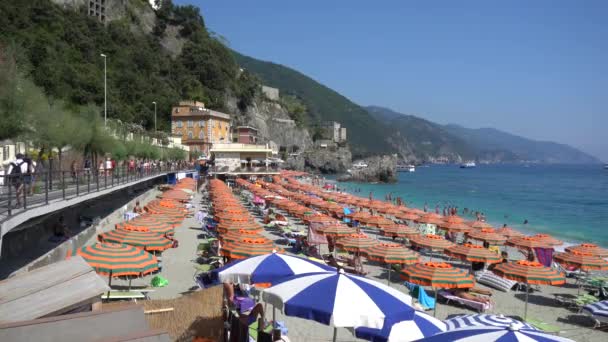 ヨーロッパ イタリア スペツィア 2020年8月 モンテレッソの海の村 コヴィッド 19コロナウイルスの発生によるロックダウンが完了した後のビーチと観光客 ユネスコ遺産 — ストック動画