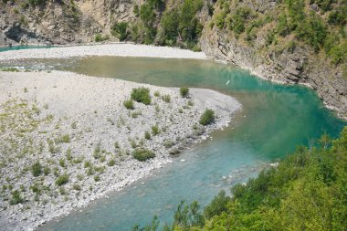 Dağlarda ve orman arka planında temiz dağ nehri                       