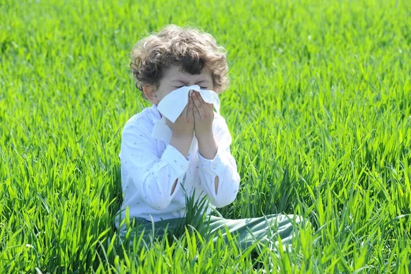 欧洲的小高加索儿童对花花粉过敏 男孩在花田里流鼻涕 用纸巾擦鼻涕 — 图库照片