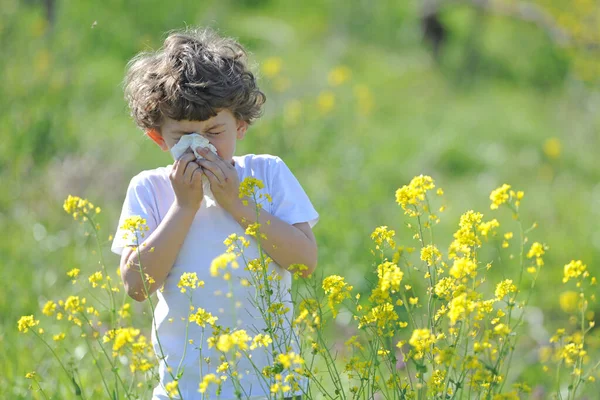Little European Caucasian Children Has Allergies Flower Pollen Boy Has — Stock Photo, Image