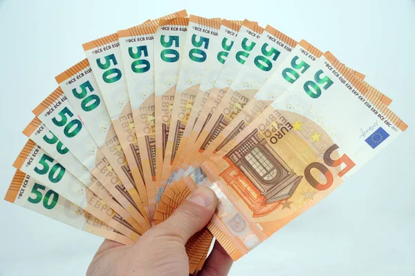 Mão Segurando Euro Dinheiro Notas Euro Fundo Dinheiro Espaço Cópia — Fotografia de Stock