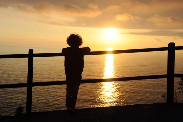 Silhouette Jeune Garçon Coucher Soleil — Photo