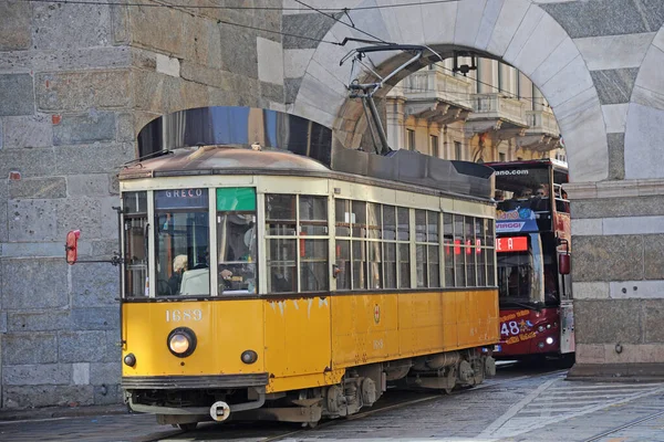 Milano Febbraio 2019 Tram Tram Tram Trasporti Pubblici Della Vecchia — Foto Stock