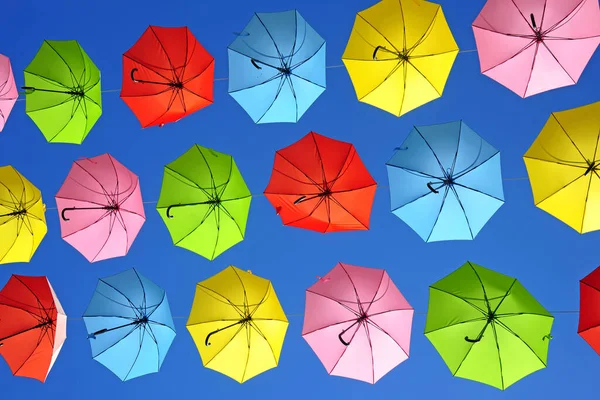 Main Street City Decorated Colored Umbrellas — Stock Photo, Image