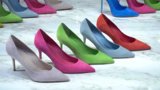 Italia Milán Enero 2020 Exposición Zapatos Colores Una Tienda Distrito — Vídeo de stock