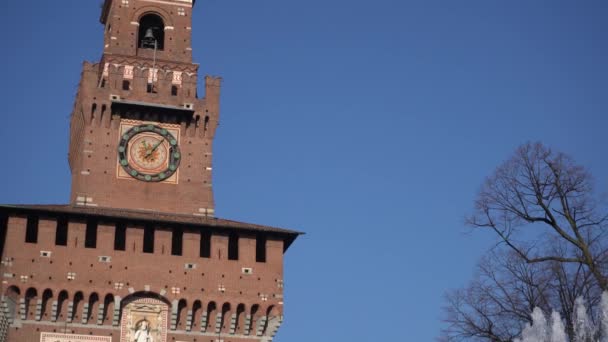 Olaszország Milánó 2020 Február Kilátás Sforza Vára Castello Sforzesco Szökőkút — Stock videók