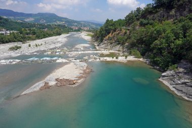 Dağlarda ve orman arka planında temiz dağ nehri                       