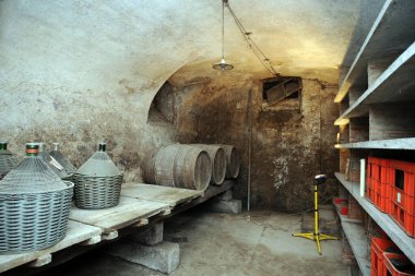 Bodrumda eski ahşap şarap fıçıları