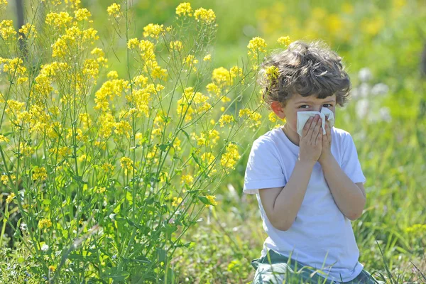 Little European Caucasian Children Has Allergies Flower Pollen Boy Has — Stock Photo, Image