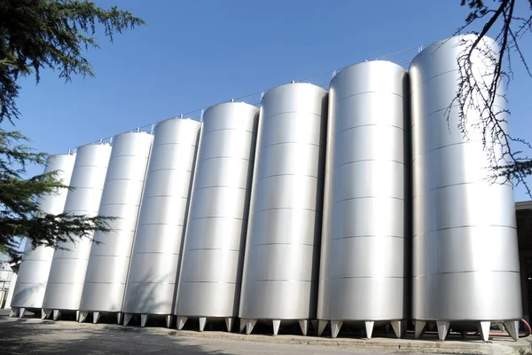Large Metal Containers Wine Production Factory Silos — Stock Photo, Image