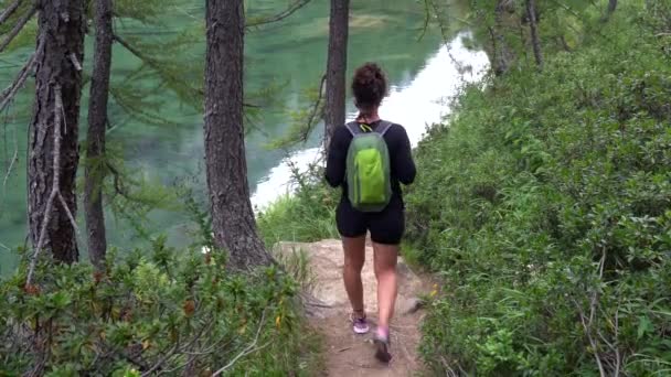 Woman Enjoying View Smooth Lake Mountains — Stock Video