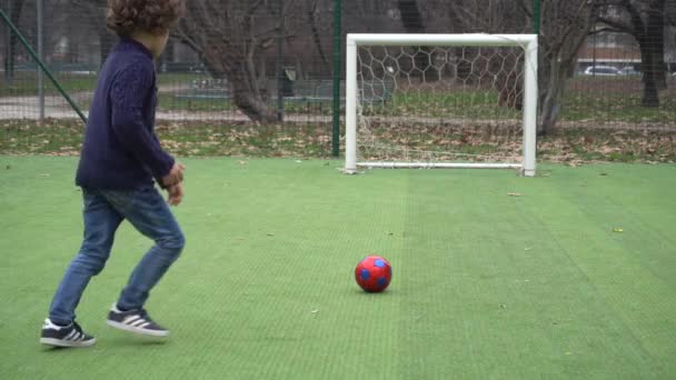 Włochy Mediolan Styczeń 2020 Pięcioletni Chłopiec Gra Piłkę Nożną Mini — Wideo stockowe