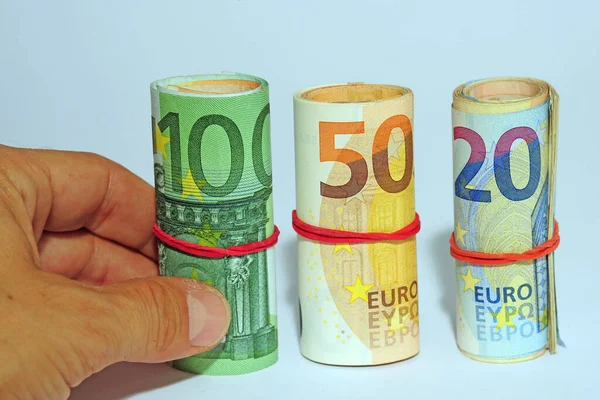 Eurobankovky Ruce Bílém Pozadí — Stock fotografie