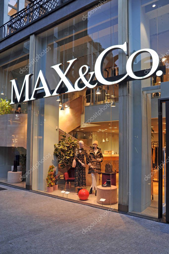 Milan, Italy - October 23, 2018: Max mara shop and logo, Max and co in Milano