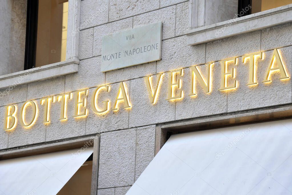 Italy - Milan 25,2018 - Bottega Veneta in Montenapoleone road - shopping and fashion district in downtown - logo