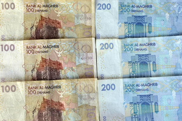 África Marrocos Dinheiro Dirhams 100 200 Notas — Fotografia de Stock