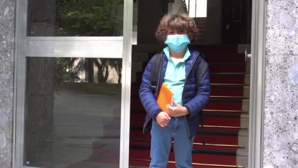 Menino Pequeno Com Mochila Usando Máscara Facial Livre Durante Covid — Vídeo de Stock