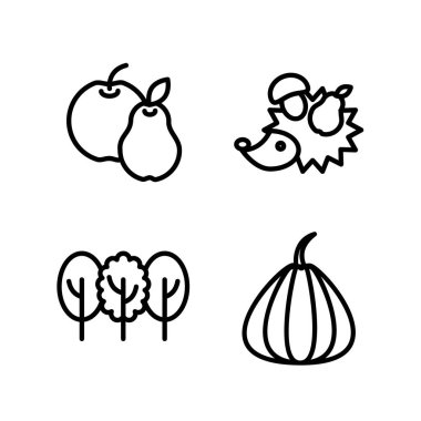 Vektör sonbahar simgeleri (meyve, kirpi, ağaç, balkabağı)