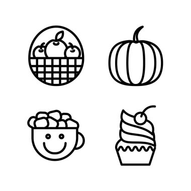 Vektör sonbahar simgeleri (meyve hasadı, balkabağı, kakao, kek)