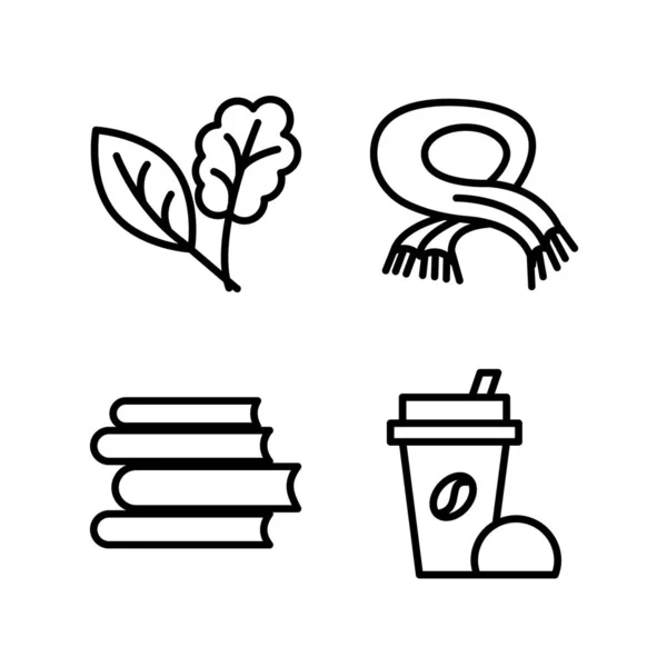 Vektör sonbahar simgeleri (yapraklar, eşarp, kitaplar, paket kahve)